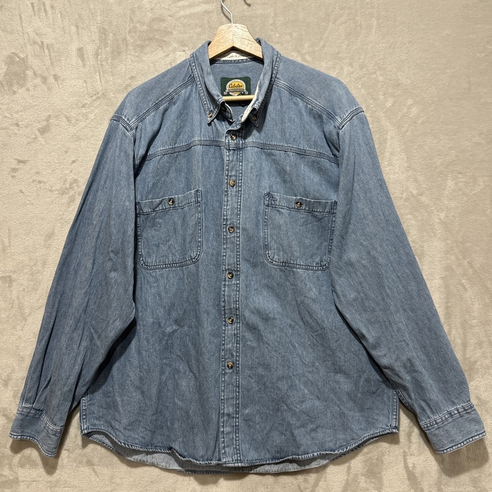 Vtg Cabela's Outdoor Gear Chambray Long Sleeve Button Down Denim Shirt Men's XL